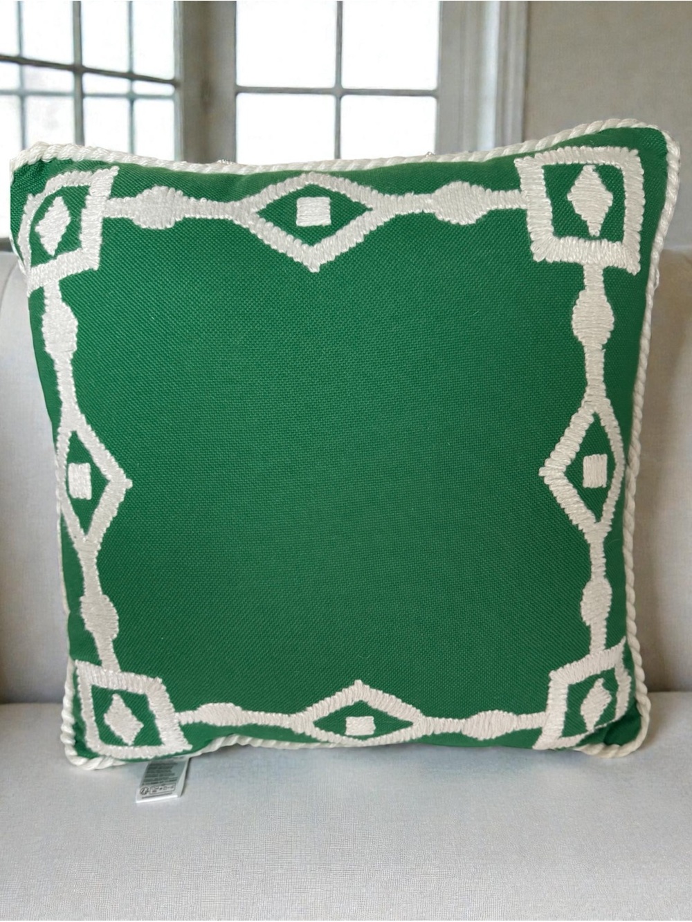 New! ANTHROPOLOGIE Greek Key Embroidered Indoor/ Outdoor Pillow 20 inch Square